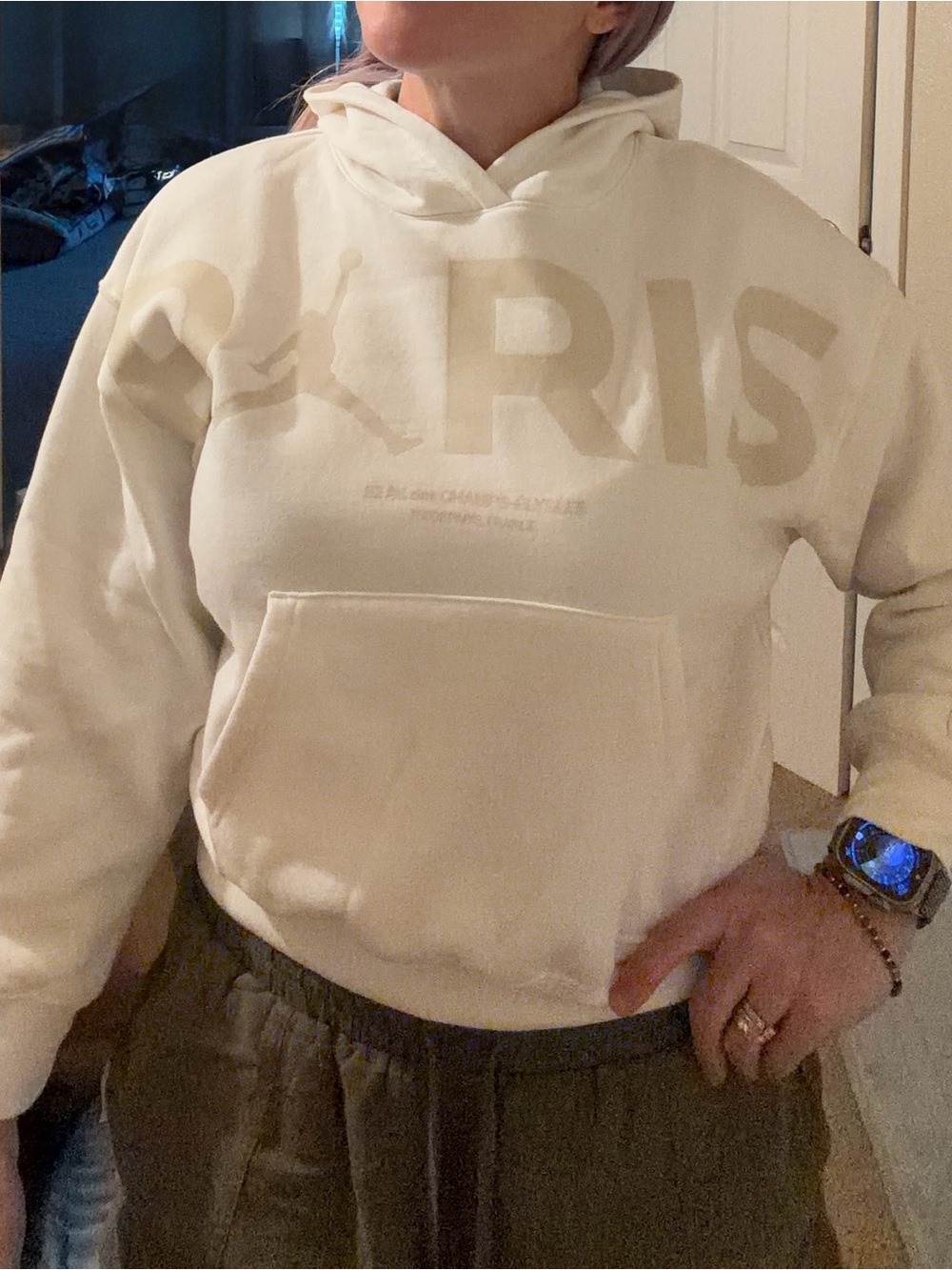 Never worn brand New without tags Jordan  White Hoodie with Subtle Tan Paris